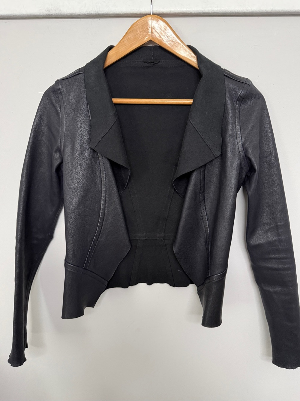 Draped Black Faux Leather Open-Front Women's Jacket